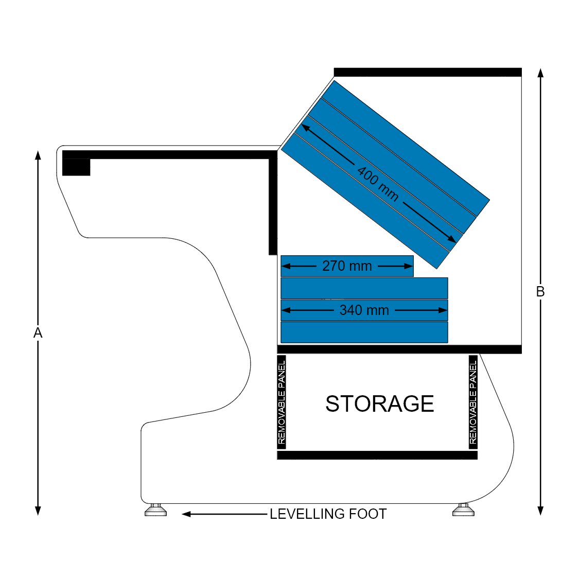 Technical dimension diagram of Middle Eight 28, showing storage cabinet with removable panels, labeled measurements of rack units, leveling feet, with blue highlighted sections on a white background.