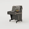 Right view of the custom Stage Management Console model 1A with 10 rack units above the worktop, double door cabinet, a large drawer, steel legs with 80mm wheels. Black with expressed plywood edge.