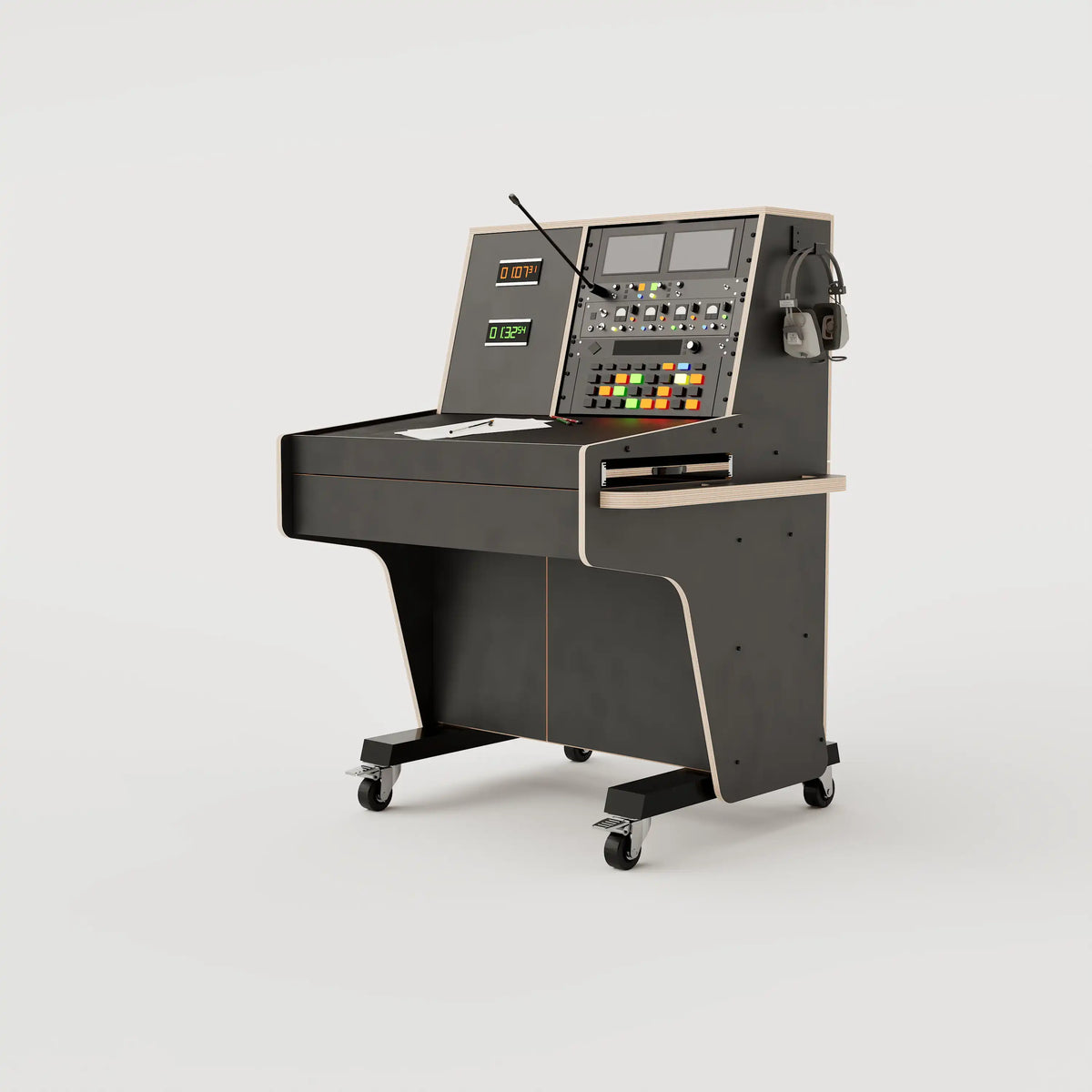 Right view of the custom Stage Management Console model 1A with 10 rack units above the worktop, double door cabinet, a large drawer, steel legs with 80mm wheels. Black with expressed plywood edge.