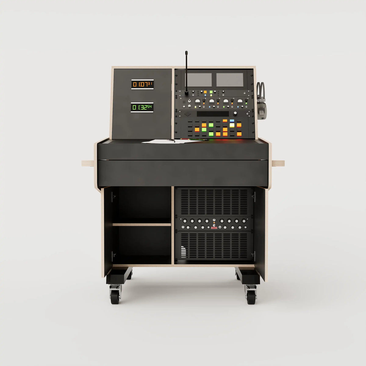 Front view of the custom Stage Management Console model 1A with 10 rack units above the worktop, showing open double door cabinet, a large drawer, steel legs with 80mm wheels. Black with expressed plywood edge.