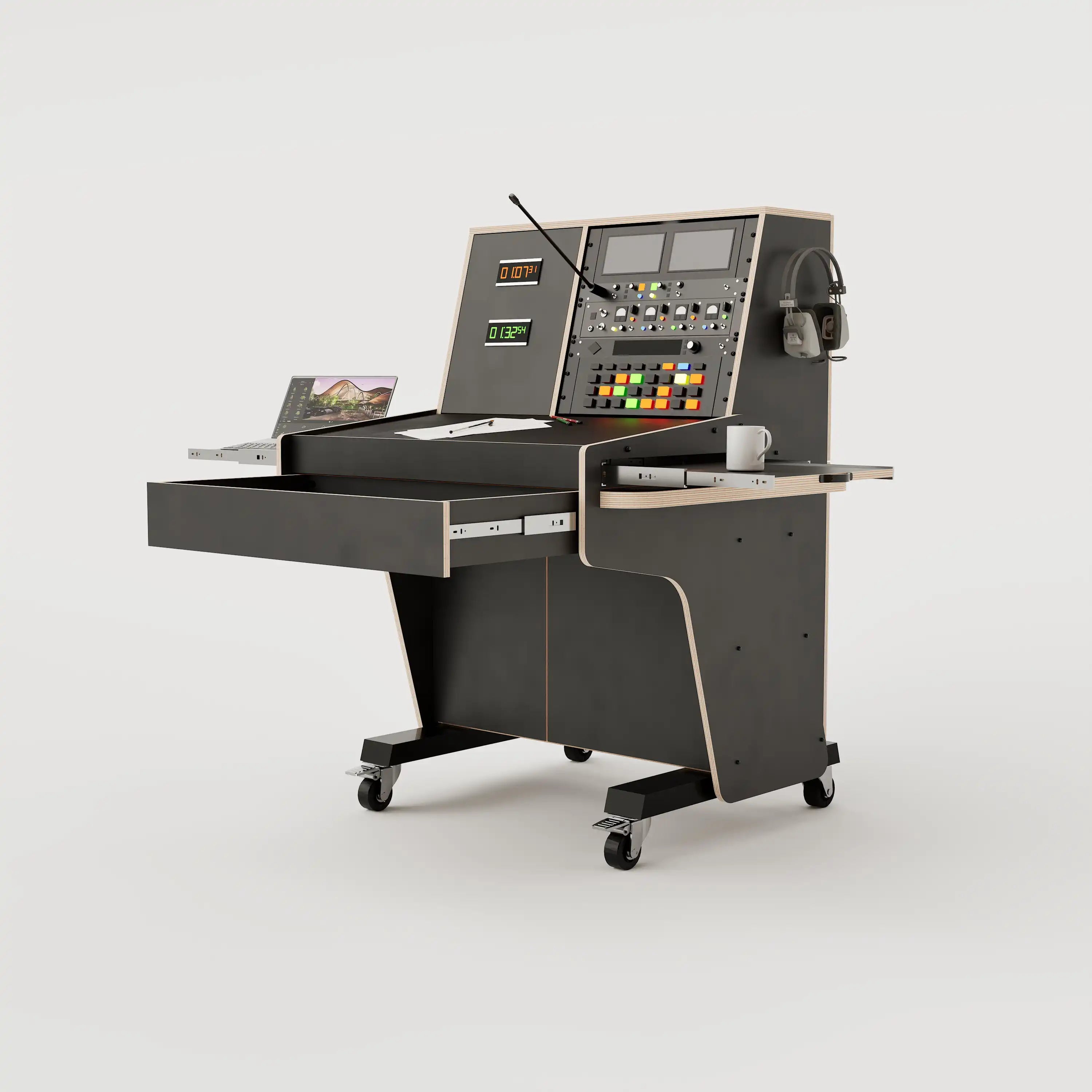 Right side view of the custom Stage Management Console model 1A, showing the drawer and tray in the open position. 10 rack units above the worktop, double door cabinet, a large drawer, steel legs with 80mm wheels. Black with expressed plywood edge.