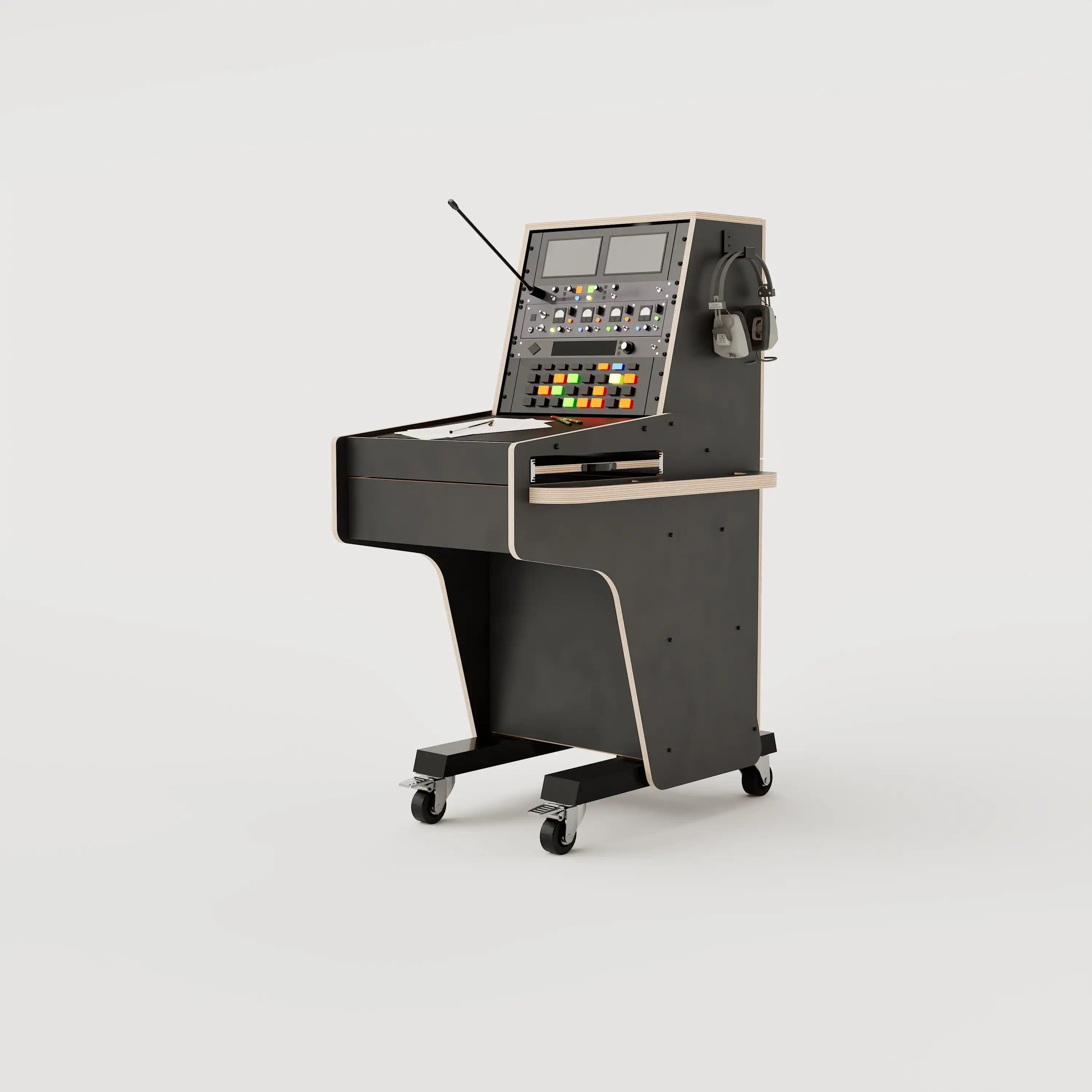 Right view of the custom Stage Management Console model 3A with 10 rack units above the worktop, single door cabinet, a large drawer, steel legs with 80mm wheels. Black with expressed plywood edge.