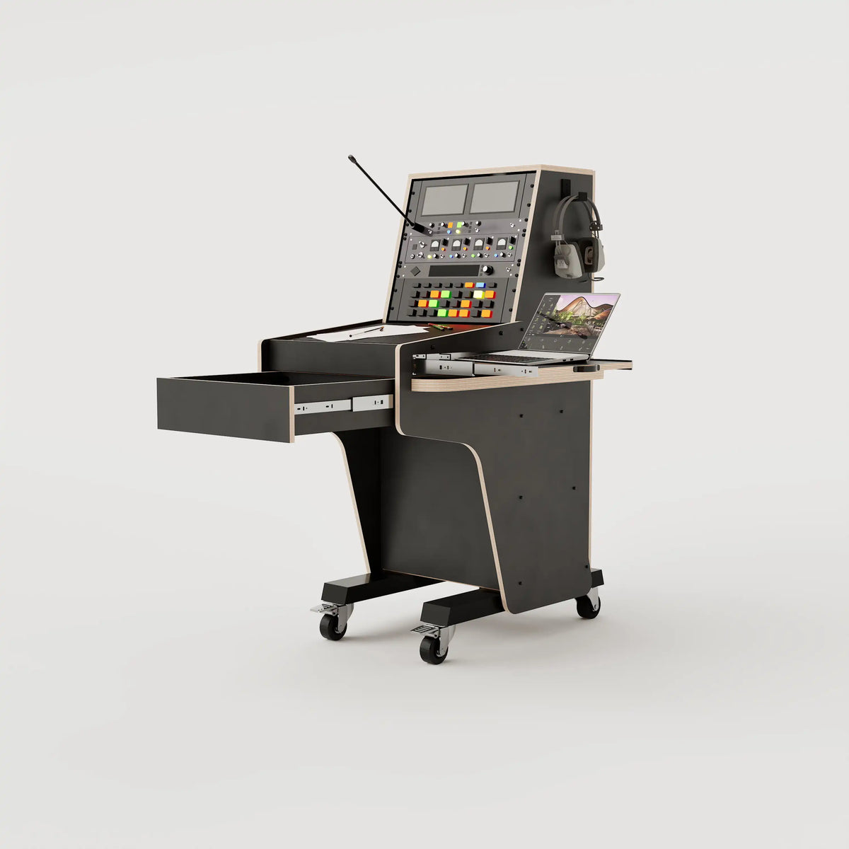 Right side view of the custom Stage Management Console model 3A, showing the drawer and tray in the open position. 10 rack units above the worktop, single door cabinet, a large drawer, steel legs with 80mm wheels. Black with expressed plywood edge.