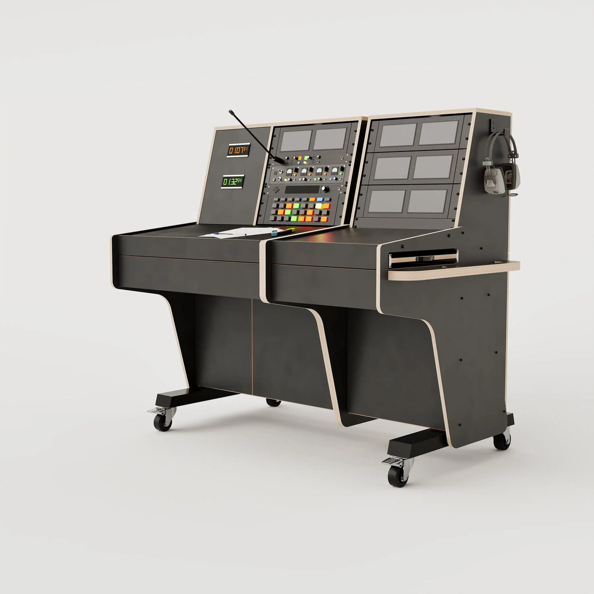 Right view of the custom Stage Management Console model 31A with 20 rack units above the worktop, triple door cabinet, 2x Large drawers, steel legs with 80mm wheels. Black with expressed plywood edge.