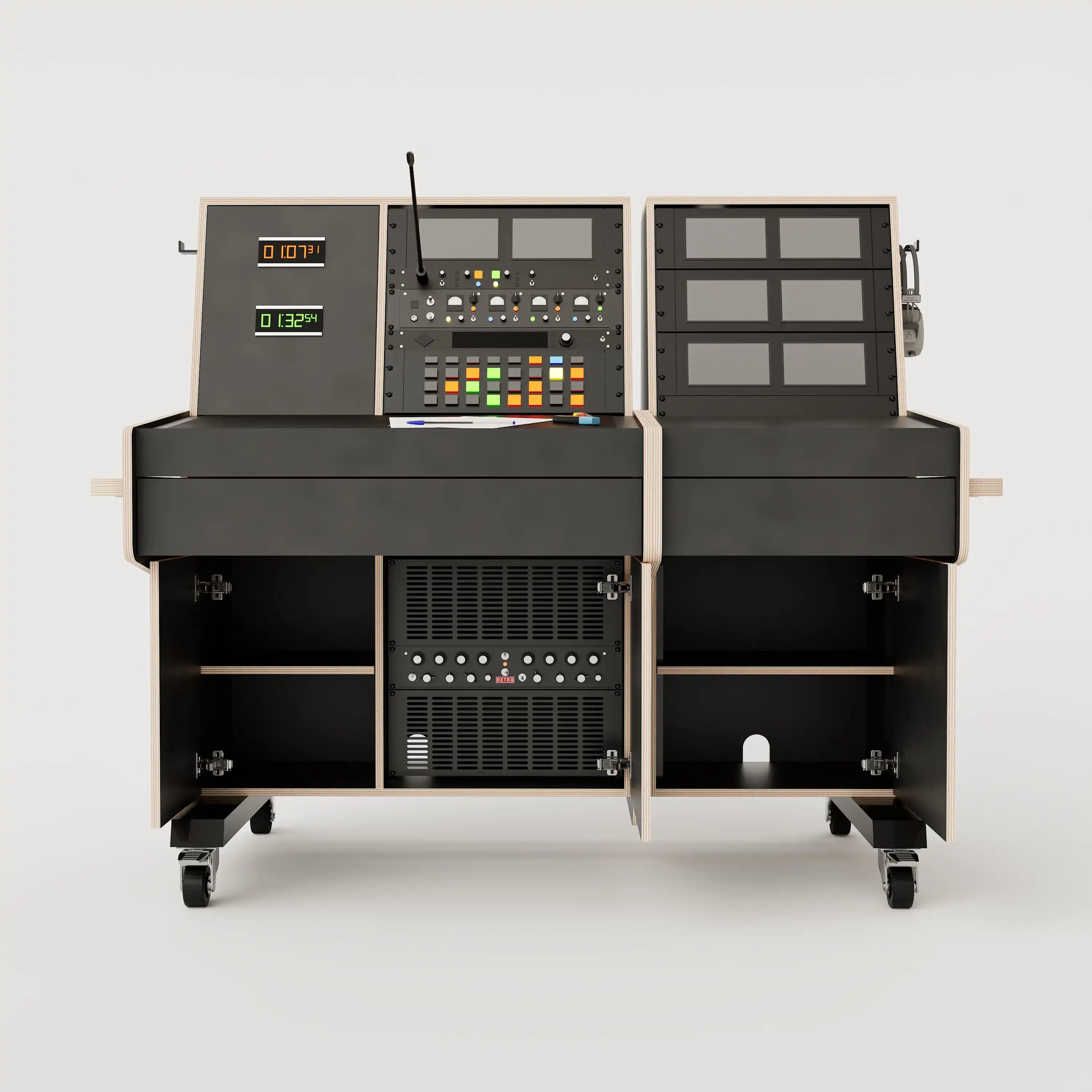 Front view of the custom Stage Management Console model 31A with 20 rack units above the worktop, showing open triple door cabinet, 2x Large drawers, steel legs with 80mm wheels. Black with expressed plywood edge.