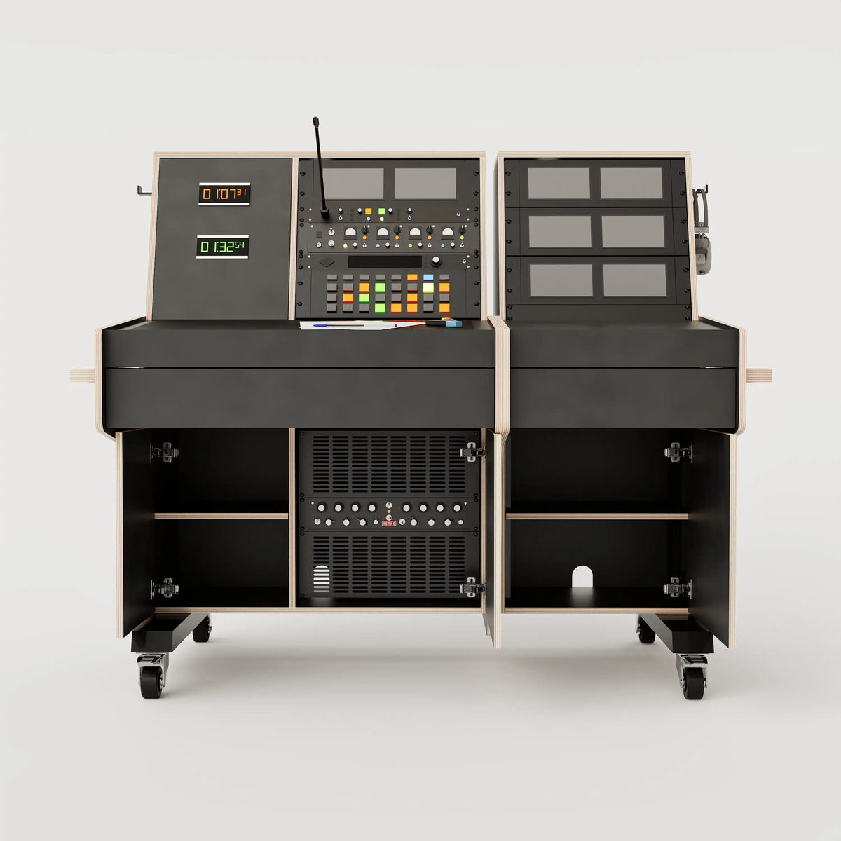 Front view of the custom Stage Management Console model 31A with 20 rack units above the worktop, showing open triple door cabinet, 2x Large drawers, steel legs with 80mm wheels. Black with expressed plywood edge.