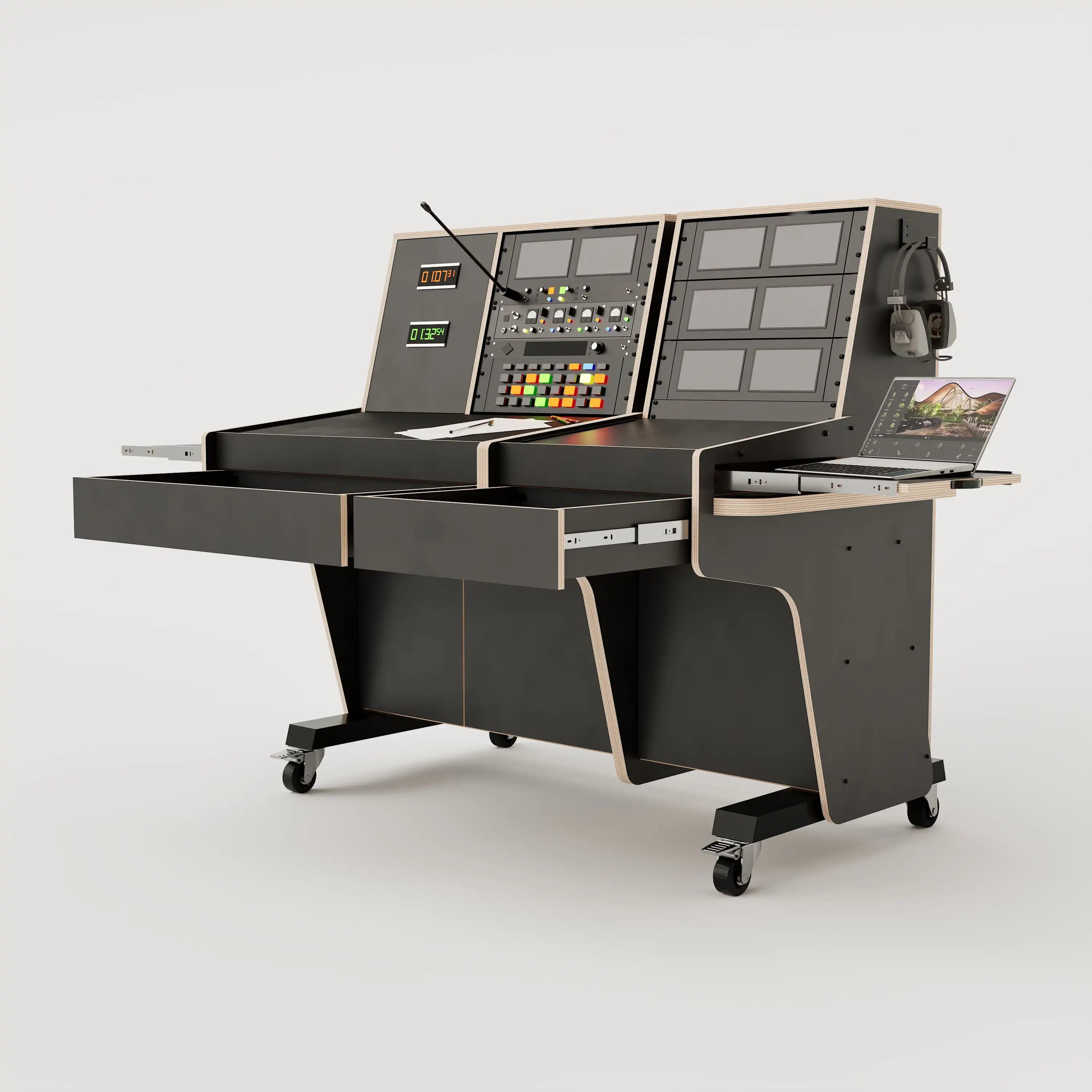 Right side view of the custom Stage Management Console model 31A, showing all drawers and trays in the open position. 20 rack units above the worktop, triple door cabinet, 2x Large drawers, steel legs with 80mm wheels. Black with expressed plywood edge.