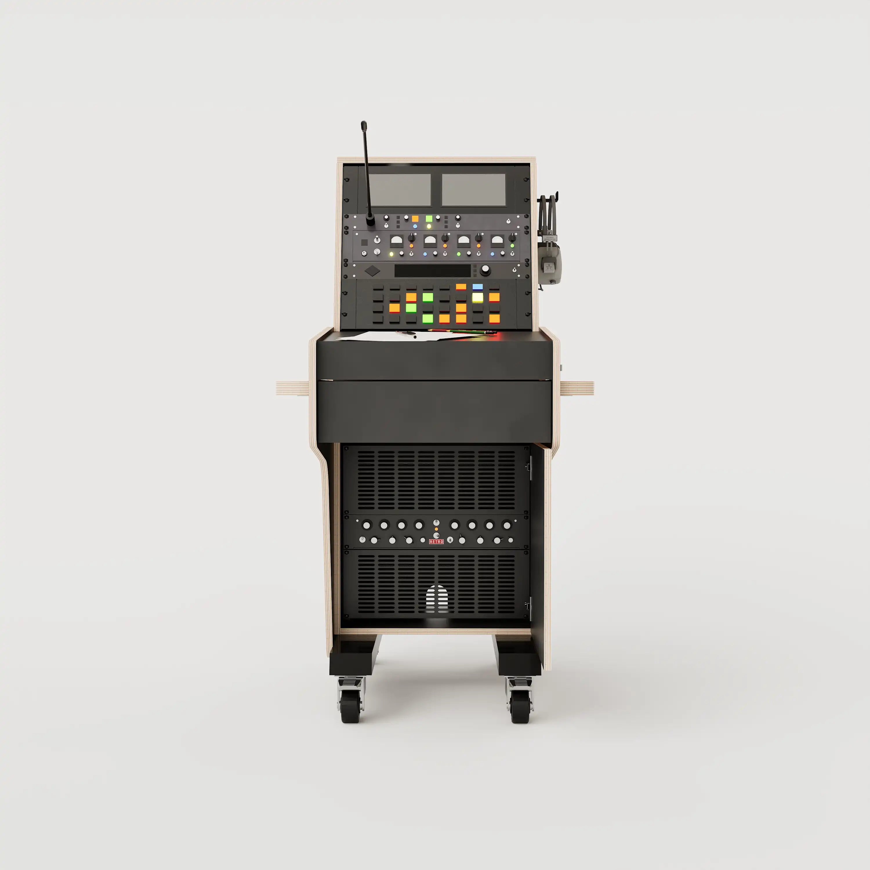 Front view of the custom Stage Management Console model 3A with 10 rack units above the worktop, showing open single door cabinet, a large drawer, steel legs with 80mm wheels. Black with expressed plywood edge.