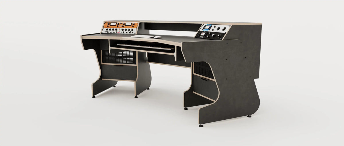Wide angle view of the Telesto 28D custom angled studio desk with 4x 4 rack units on the desktop and 4x 4 rack under the desktop. Two cabinets for storage. Black with expressed plywood edge. 