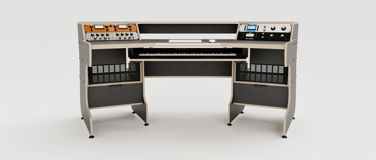 Wide angle front view of the Telesto 28D custom angled studio desk with 4x 4 rack units on the desktop and 4x 4 rack under the desktop. Two cabinets for storage. Black with expressed plywood edge. 