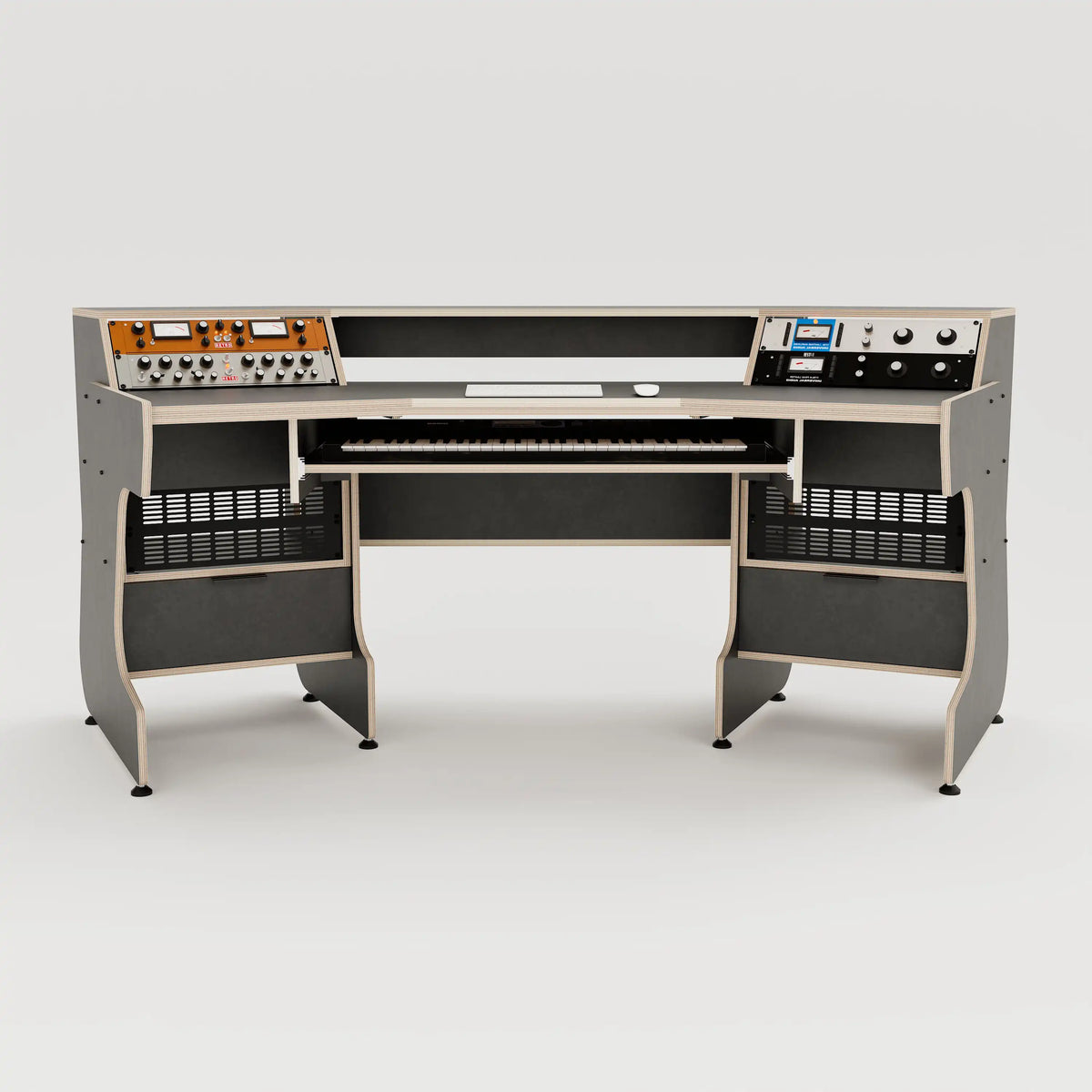 Front view of the Telesto 28D custom angled studio desk with 4x 4 rack units on the desktop and 4x 4 rack under the desktop. Two cabinets for storage. Black with expressed plywood edge. 