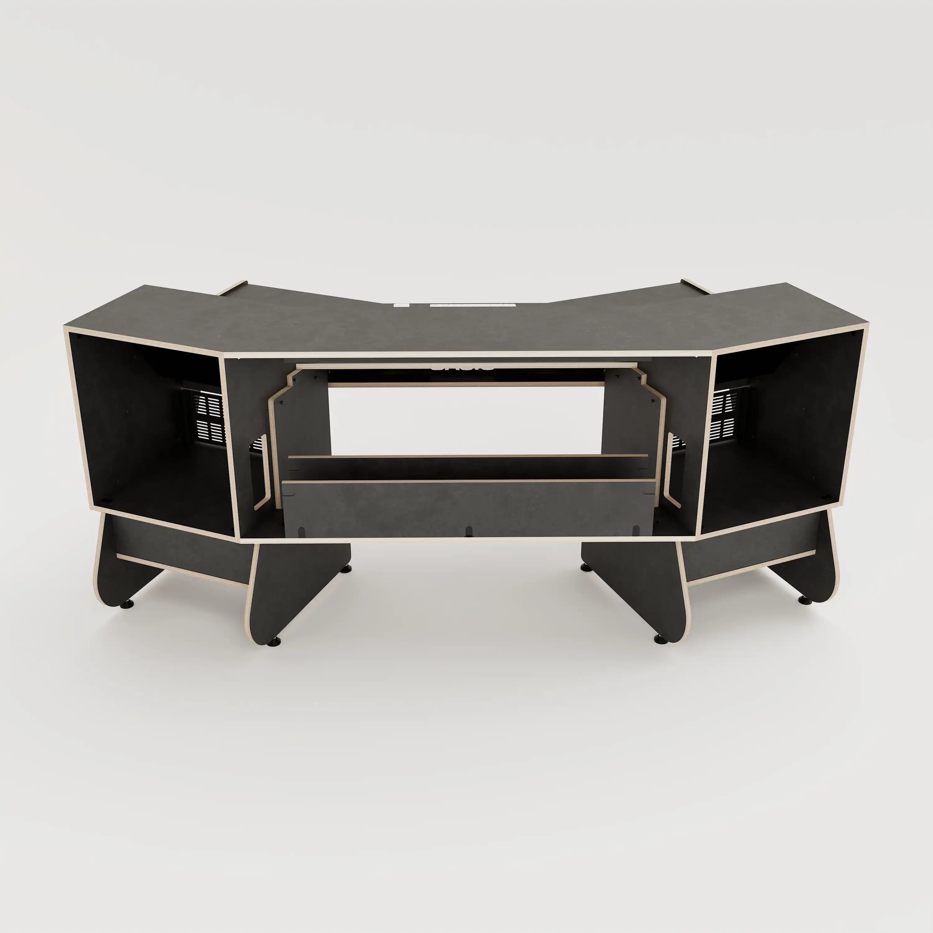 Rear view of the Telesto 28D custom angled studio desk with 4x 4 rack units on the desktop and 4x 4 rack under the desktop. Two cabinets for storage. Black with expressed plywood edge. 