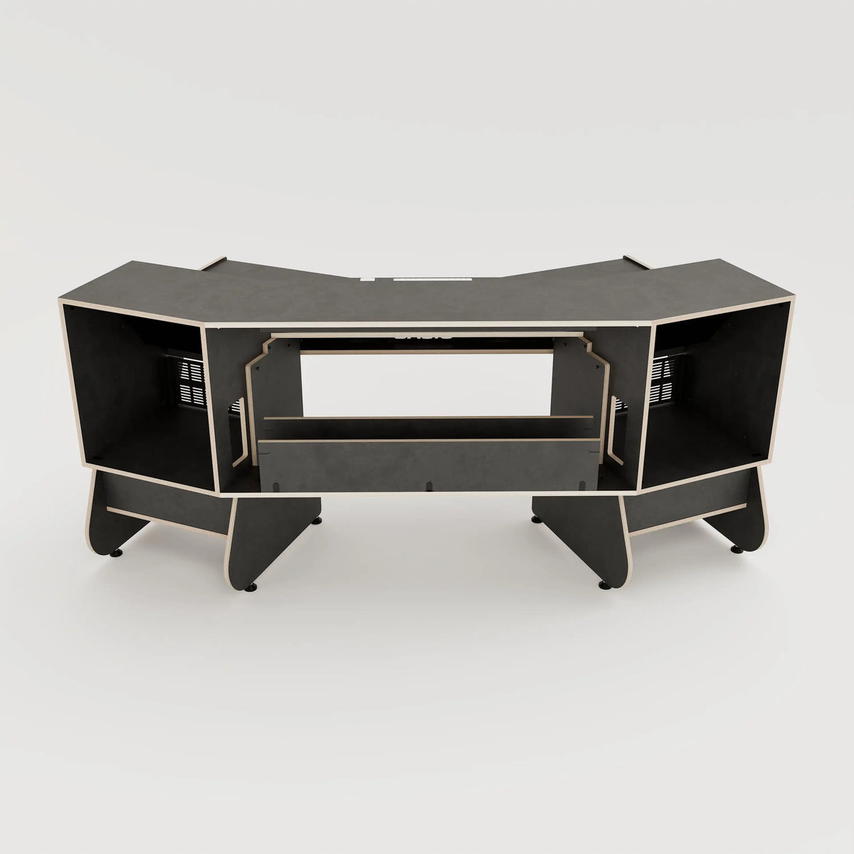 Rear view of the Telesto 28D custom angled studio desk with 4x 4 rack units on the desktop and 4x 4 rack under the desktop. Two cabinets for storage. Black with expressed plywood edge. 