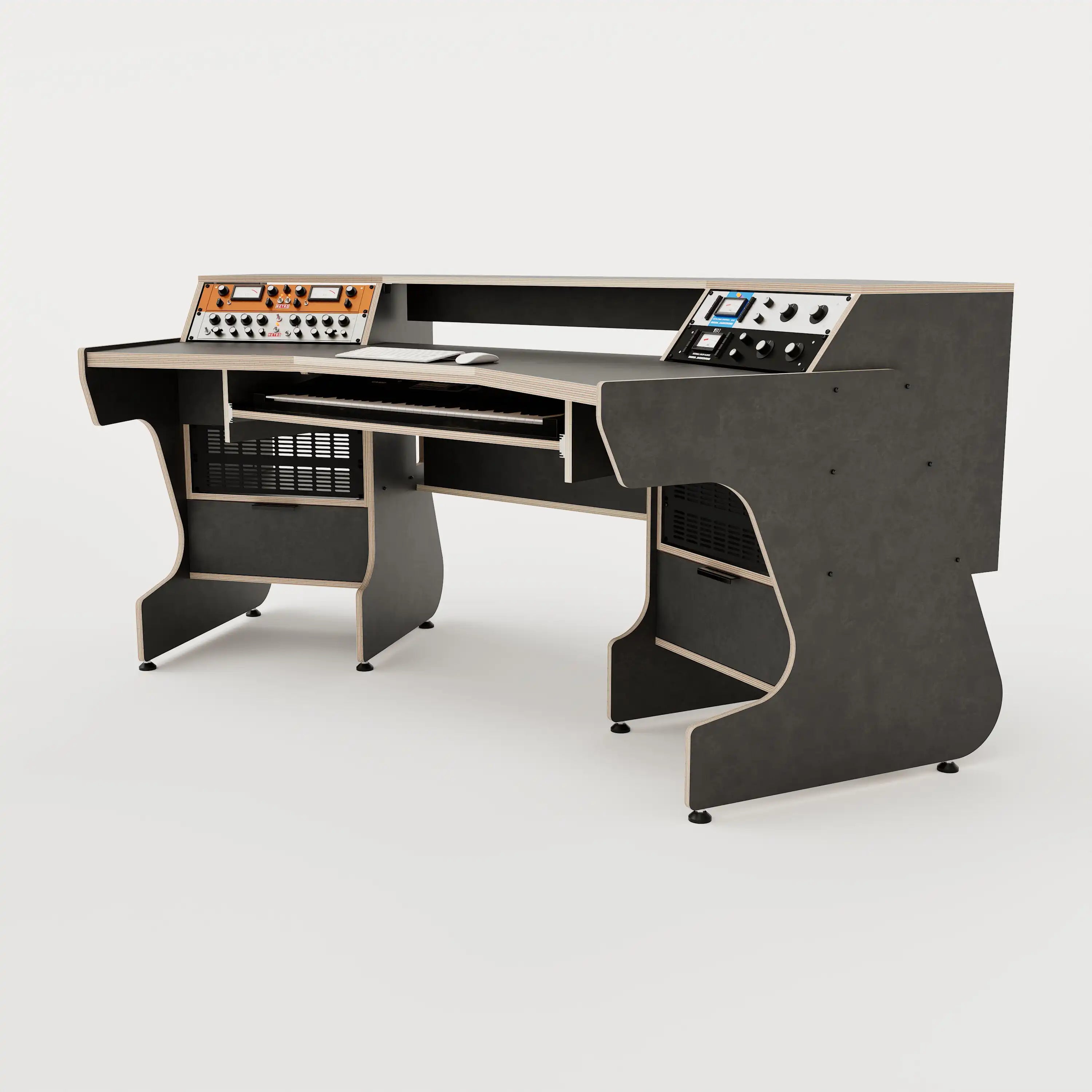 Right view of the Telesto 28D custom angled studio desk with 4x 4 rack units on the desktop and 4x 4 rack under the desktop. Two cabinets for storage. Black with expressed plywood edge. 