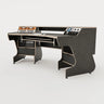 Right view of the Telesto 28D custom angled studio desk with 4x 4 rack units on the desktop and 4x 4 rack under the desktop. Two cabinets for storage. Black with expressed plywood edge. 