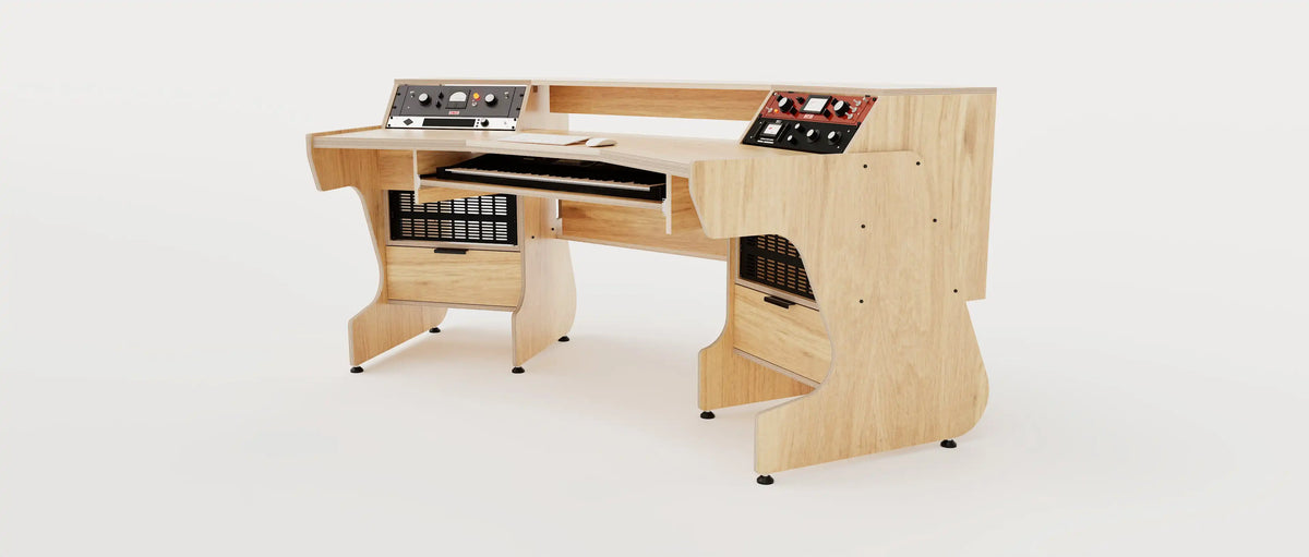Wide angle right view of the Telesto 28D custom angled studio desk with 4x 4 rack units on the desktop and 4x 4 rack under the desktop. Two cabinets for storage. Natural wood grain with expressed plywood edge. 