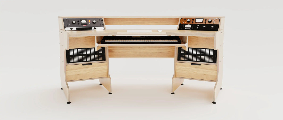 Wide angle front view of the Telesto 28D custom angled studio desk with 4x 4 rack units on the desktop and 4x 4 rack under the desktop. Two cabinets for storage. Natural wood grain with expressed plywood edge. 