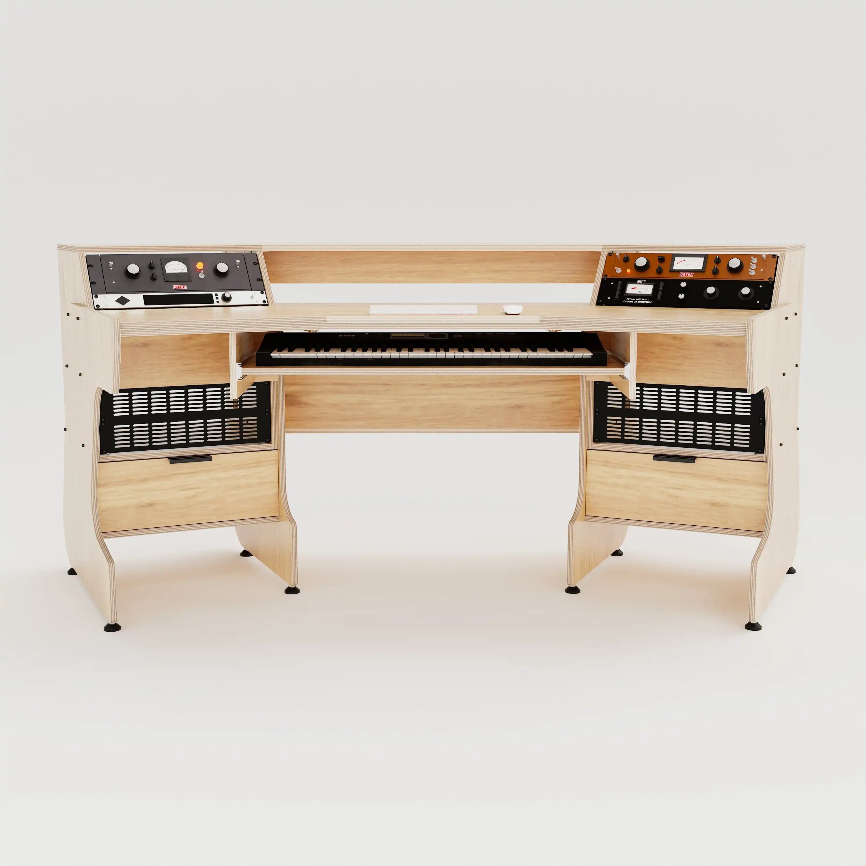 Front view of the Telesto 28D custom angled studio desk with 4x 4 rack units on the desktop and 4x 4 rack under the desktop. Two cabinets for storage. Natural wood grain with expressed plywood edge. 