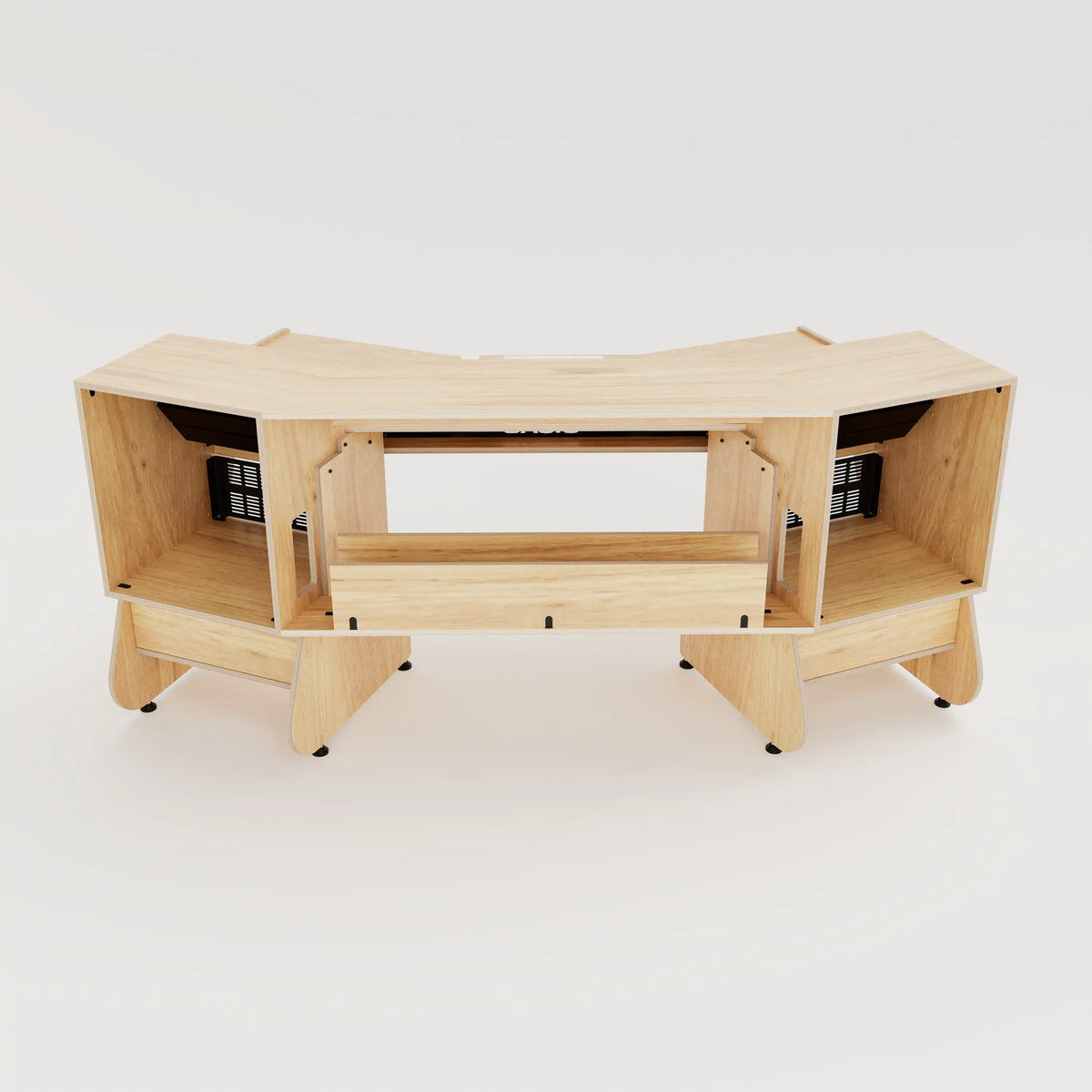 Rear view of the Telesto 28D custom angled studio desk with 4x 4 rack units on the desktop and 4x 4 rack under the desktop. Two cabinets for storage. Natural wood grain with expressed plywood edge. 