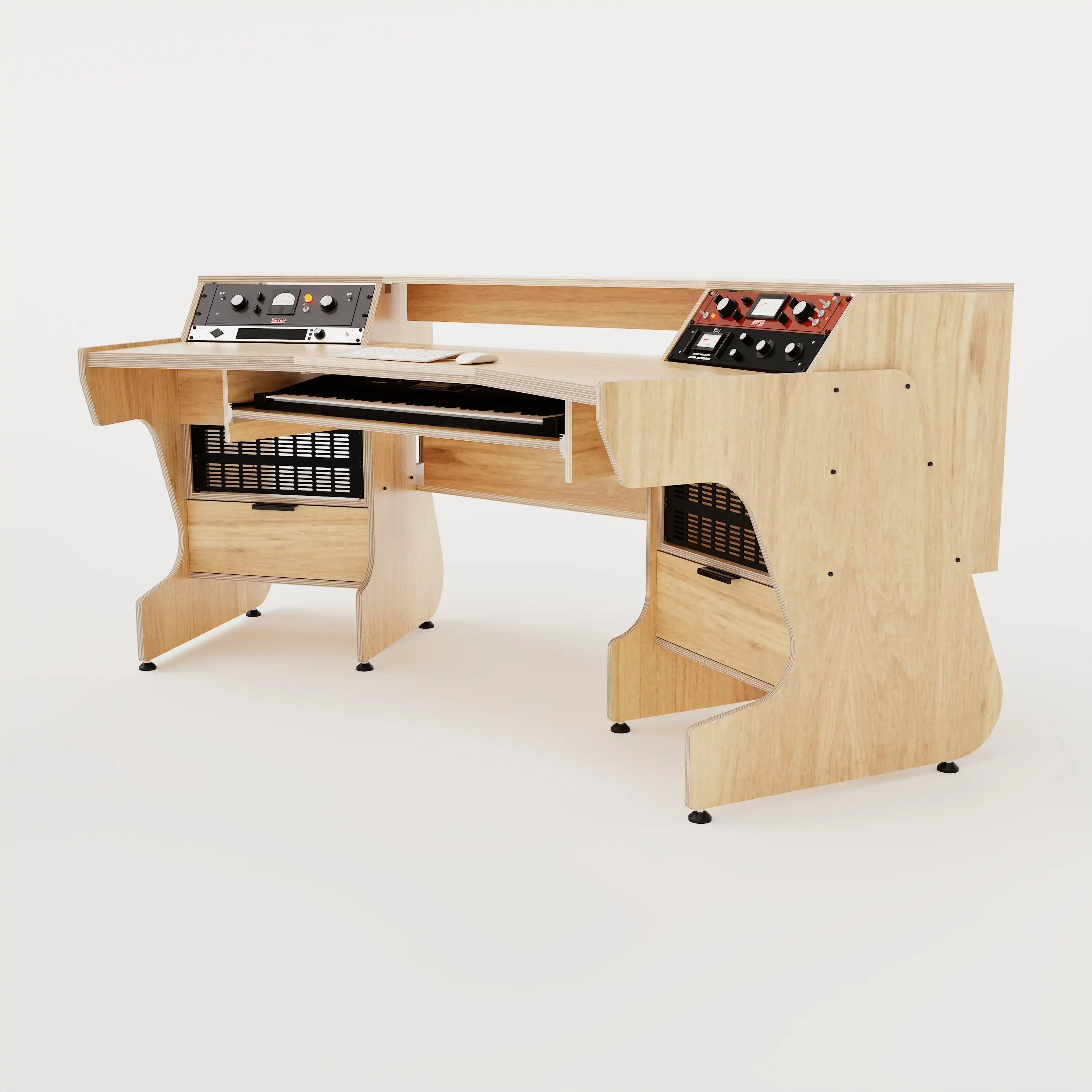 Right view of the Telesto 28D custom angled studio desk with 4x 4 rack units on the desktop and 4x 4 rack under the desktop. Two cabinets for storage. Natural wood grain with expressed plywood edge. 