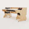 Right view of the Telesto 28D custom angled studio desk with 4x 4 rack units on the desktop and 4x 4 rack under the desktop. Two cabinets for storage. Natural wood grain with expressed plywood edge. 