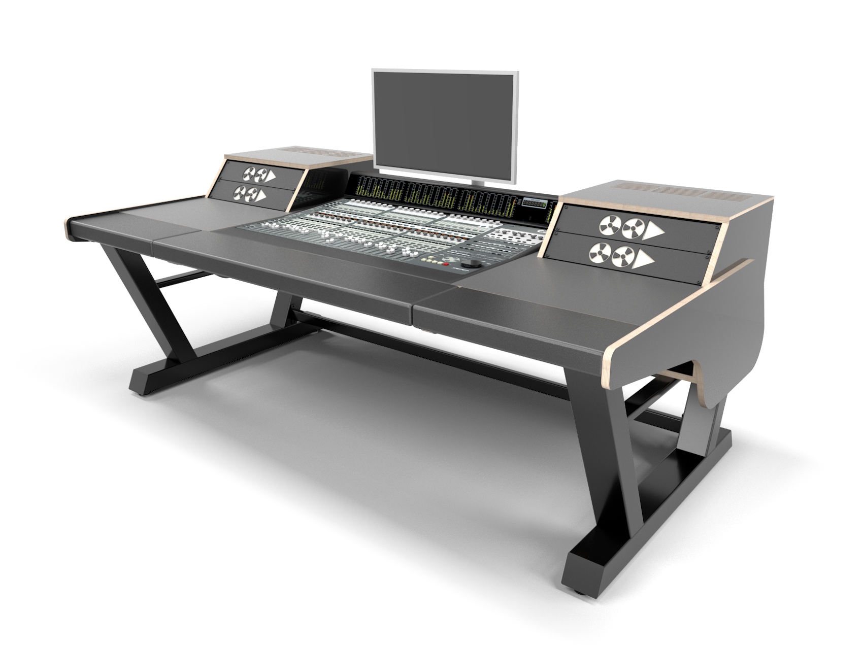 Binary steel framed music studio production desk, black faced birch ply, black padded arm rest, front view
